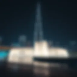 A breathtaking view of the Burj Khalifa Fountain illuminated at night
