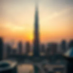 Aerial view of Burj Khalifa at sunset