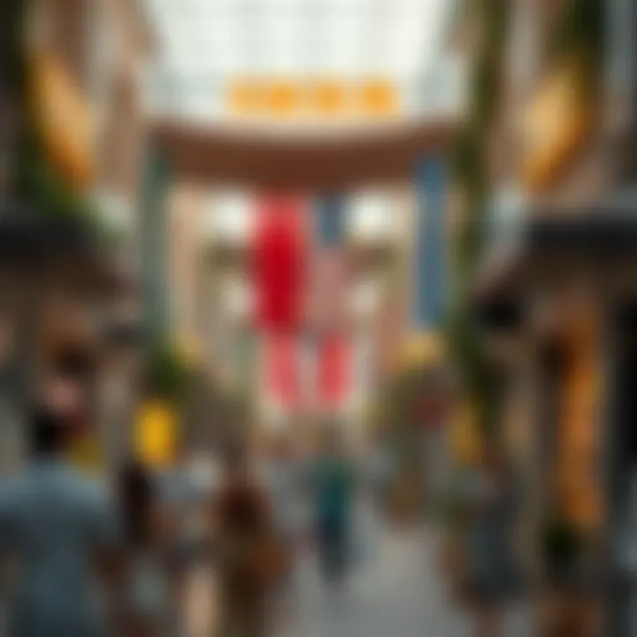 A lively outdoor shopping area in Dubai Festival City filled with shoppers and cultural elements