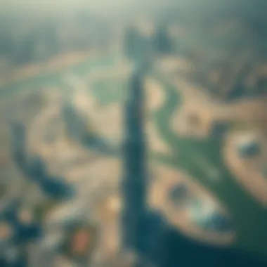 Aerial Perspective of Dubai Pearl Tower Aerial perspective of the Dubai Pearl Tower in relation to surrounding landmarks