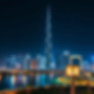 Night Skyline with Dubai Pearl Tower Night view of the Dubai skyline featuring the illuminated Pearl Tower